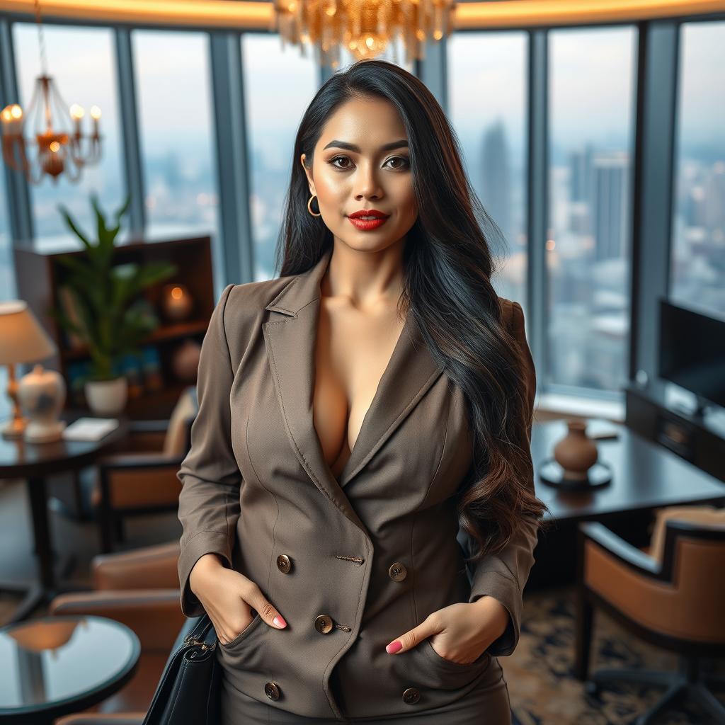A stunningly beautiful woman of Indonesian-European descent, characterized by her alluring features and curvy figure that emphasizes her large bust