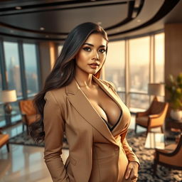 A stunningly beautiful woman of Indonesian-European descent, characterized by her alluring features and curvy figure that emphasizes her large bust