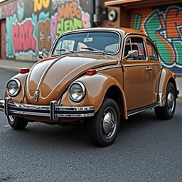 A creative combination of a 1990 Volkswagen Beetle and a 1975 Opala Magnum 500, showcasing an imaginative hybrid vehicle design that blends the iconic round shape and compact nature of the Beetle with the larger, more aggressive styling of the Opala
