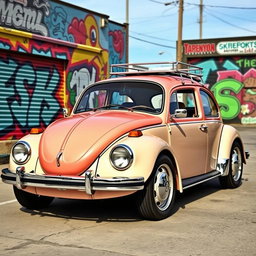 A creative combination of a 1990 Volkswagen Beetle and a 1975 Opala Magnum 500, showcasing an imaginative hybrid vehicle design that blends the iconic round shape and compact nature of the Beetle with the larger, more aggressive styling of the Opala