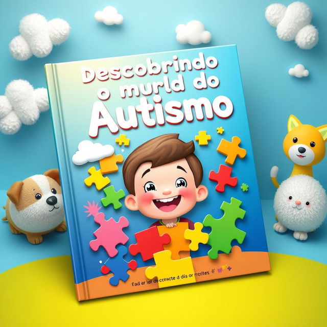 A vibrant and engaging book cover for children featuring themes related to autism, designed in a playful 3D style