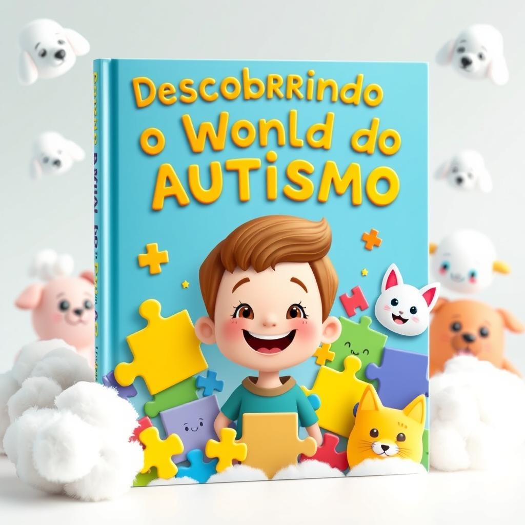 A vibrant and engaging book cover for children featuring themes related to autism, designed in a playful 3D style