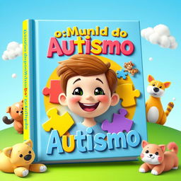 A vibrant and engaging book cover for children featuring themes related to autism, designed in a playful 3D style
