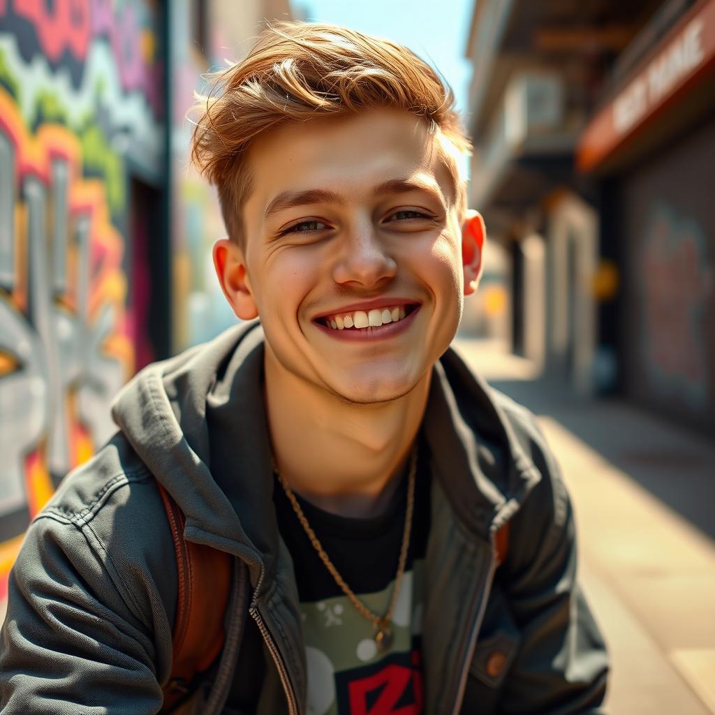 A vibrant, dynamic portrait of Payton Moormeier, an influencer known for his charming smile and fashionable style
