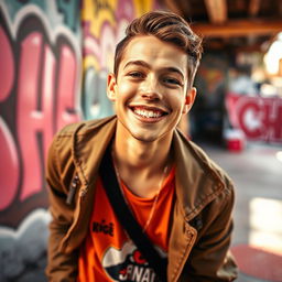A vibrant, dynamic portrait of Payton Moormeier, an influencer known for his charming smile and fashionable style