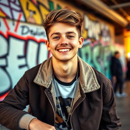 A vibrant, dynamic portrait of Payton Moormeier, an influencer known for his charming smile and fashionable style