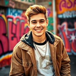 A vibrant, dynamic portrait of Payton Moormeier, an influencer known for his charming smile and fashionable style
