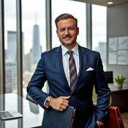 A confident and well-dressed businessman standing in an urban office environment, with a sleek city skyline visible through large glass windows in the background
