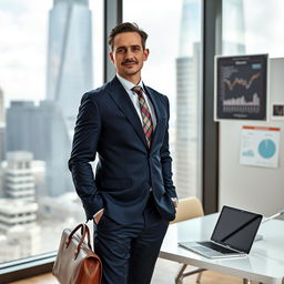A confident and well-dressed businessman standing in an urban office environment, with a sleek city skyline visible through large glass windows in the background