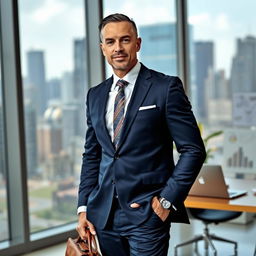 A confident and well-dressed businessman standing in an urban office environment, with a sleek city skyline visible through large glass windows in the background