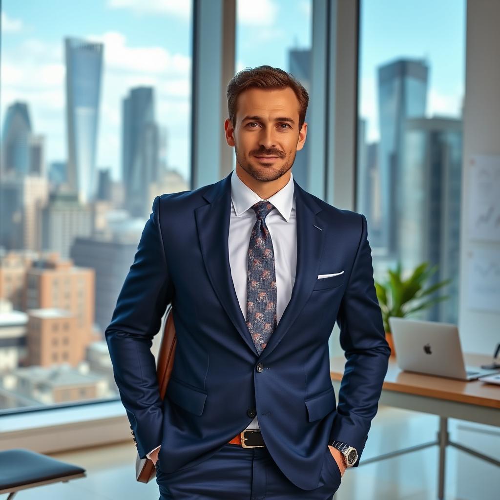 A confident and well-dressed businessman standing in an urban office environment, with a sleek city skyline visible through large glass windows in the background
