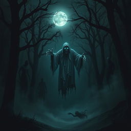 A dark, eerie forest at night, shrouded in mist with shadows creeping between the trees