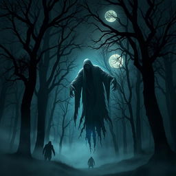 A dark, eerie forest at night, shrouded in mist with shadows creeping between the trees