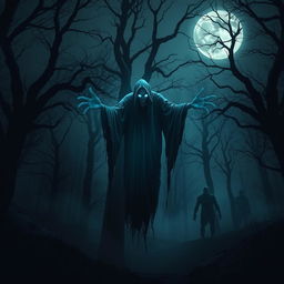 A dark, eerie forest at night, shrouded in mist with shadows creeping between the trees