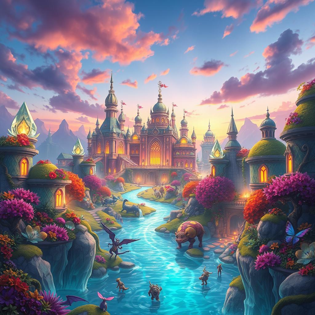 A vibrant and exciting fantasy landscape featuring Linherie, a majestic and enchanting city with glowing crystalline structures and colorful flora