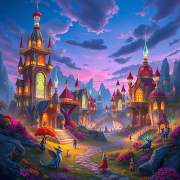 A vibrant and exciting fantasy landscape featuring Linherie, a majestic and enchanting city with glowing crystalline structures and colorful flora