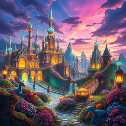 A vibrant and exciting fantasy landscape featuring Linherie, a majestic and enchanting city with glowing crystalline structures and colorful flora