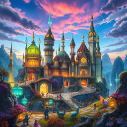 A vibrant and exciting fantasy landscape featuring Linherie, a majestic and enchanting city with glowing crystalline structures and colorful flora