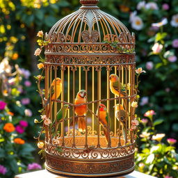 A beautifully designed birdcage with intricate patterns and ornate details, featuring a variety of colorful and exotic birds perched inside