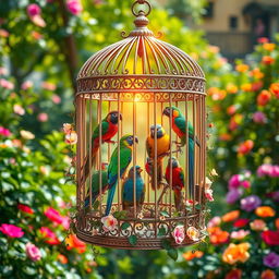 A beautifully designed birdcage with intricate patterns and ornate details, featuring a variety of colorful and exotic birds perched inside