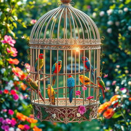 A beautifully designed birdcage with intricate patterns and ornate details, featuring a variety of colorful and exotic birds perched inside