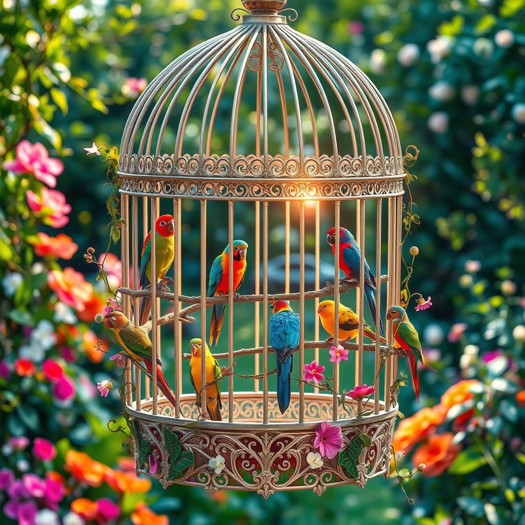 A beautifully designed birdcage with intricate patterns and ornate details, featuring a variety of colorful and exotic birds perched inside