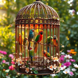 A beautifully designed birdcage with intricate patterns and ornate details, featuring a variety of colorful and exotic birds perched inside