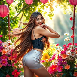 A beautiful and glamorous calendar girl posing confidently in a vibrant and stylish setting