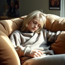 A serene portrait of a young Kurt Cobain with long, silver hair, peacefully napping on a soft, plush sofa