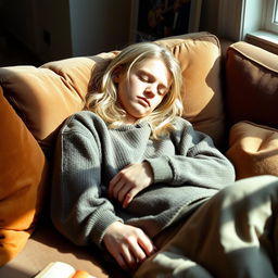 A serene portrait of a young Kurt Cobain with long, silver hair, peacefully napping on a soft, plush sofa