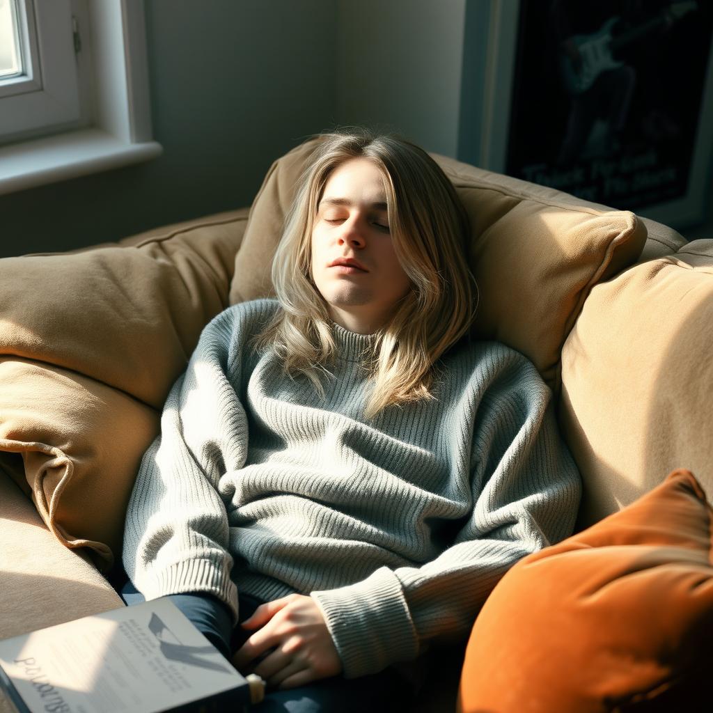 A serene portrait of a young Kurt Cobain with long, silver hair, peacefully napping on a soft, plush sofa