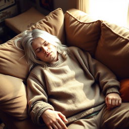 A serene portrait of a young Kurt Cobain with long, silver hair, peacefully napping on a soft, plush sofa