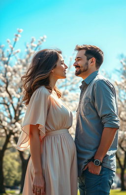 A touching scene depicting a woman with a sad past, standing in a sunlit park, her expression showing a mix of nostalgia and hope as she gazes at a man who is looking back at her with warmth and kindness