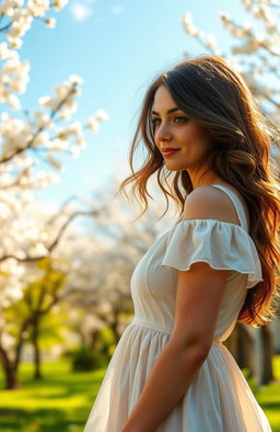A touching scene depicting a woman with a sad past, standing in a sunlit park, her expression showing a mix of nostalgia and hope as she gazes at a man who is looking back at her with warmth and kindness