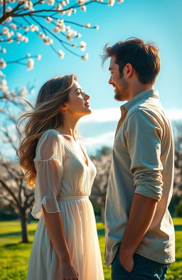 A touching scene depicting a woman with a sad past, standing in a sunlit park, her expression showing a mix of nostalgia and hope as she gazes at a man who is looking back at her with warmth and kindness
