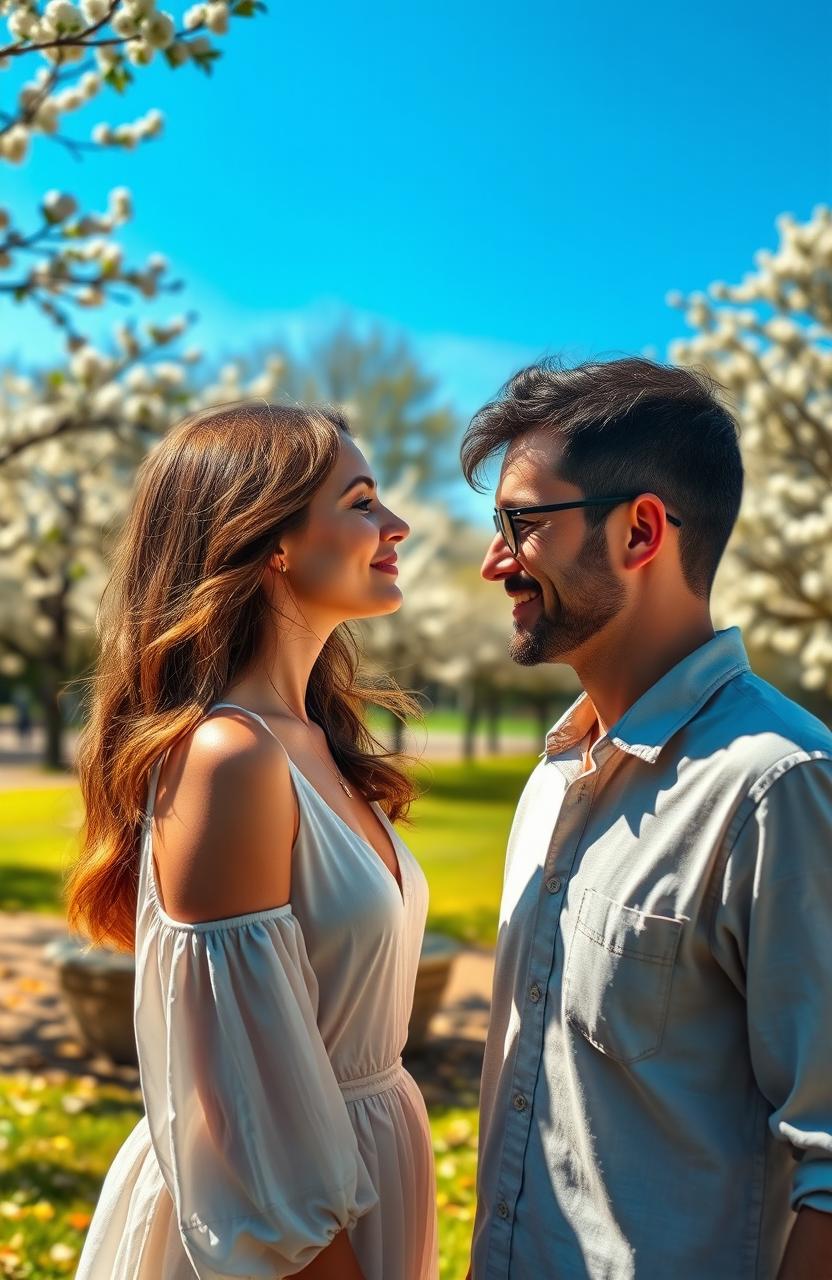 A touching scene depicting a woman with a sad past, standing in a sunlit park, her expression showing a mix of nostalgia and hope as she gazes at a man who is looking back at her with warmth and kindness