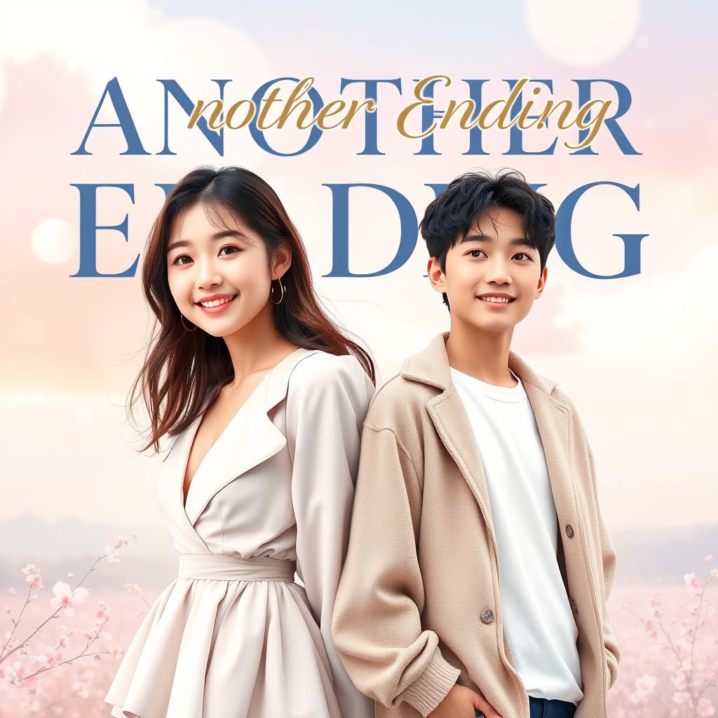 An eye-catching book cover for the title 'Another Ending', featuring Nayeon from TWICE and Jungkook from BTS as the central characters