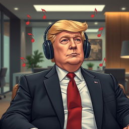 A charismatic depiction of Donald Trump, dressed in a tailored suit, sitting comfortably in a modern office
