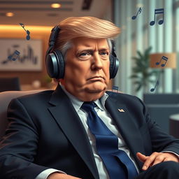 A charismatic depiction of Donald Trump, dressed in a tailored suit, sitting comfortably in a modern office