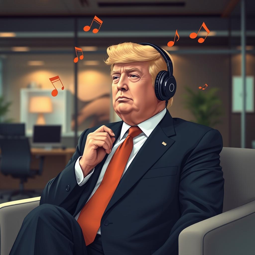 A charismatic depiction of Donald Trump, dressed in a tailored suit, sitting comfortably in a modern office