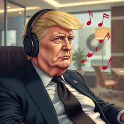 A charismatic depiction of Donald Trump, dressed in a tailored suit, sitting comfortably in a modern office
