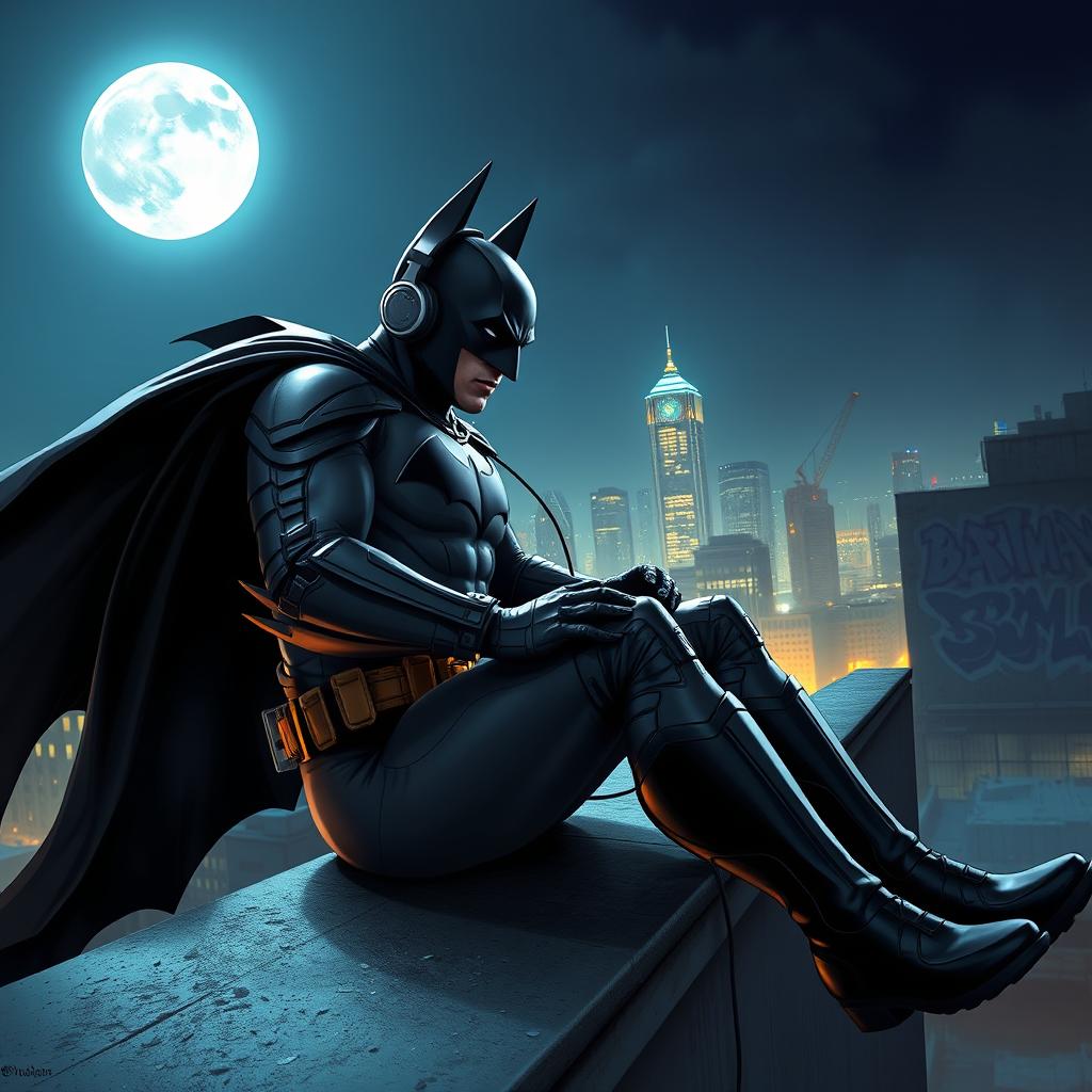 A dynamic scene depicting Batman, dressed in his iconic black suit with the cape flowing behind him, sitting on a rooftop in Gotham City