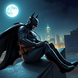 A dynamic scene depicting Batman, dressed in his iconic black suit with the cape flowing behind him, sitting on a rooftop in Gotham City