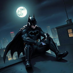 A dynamic scene depicting Batman, dressed in his iconic black suit with the cape flowing behind him, sitting on a rooftop in Gotham City