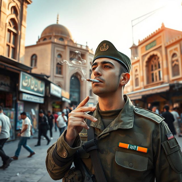 A military soldier smoking a cigarette in the bustling streets of Tehran, with traditional Persian architecture in the background