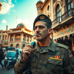 A military soldier smoking a cigarette in the bustling streets of Tehran, with traditional Persian architecture in the background