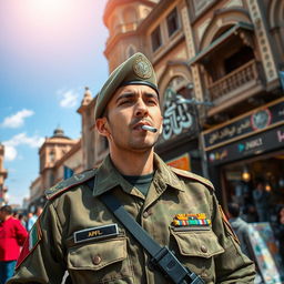 A military soldier smoking a cigarette in the bustling streets of Tehran, with traditional Persian architecture in the background