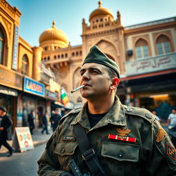 A military soldier smoking a cigarette in the bustling streets of Tehran, with traditional Persian architecture in the background