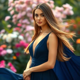 A beautiful woman with long flowing hair, wearing a stunning navy blue dress that elegantly flows around her