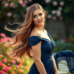 A beautiful woman with long flowing hair, wearing a stunning navy blue dress that elegantly flows around her